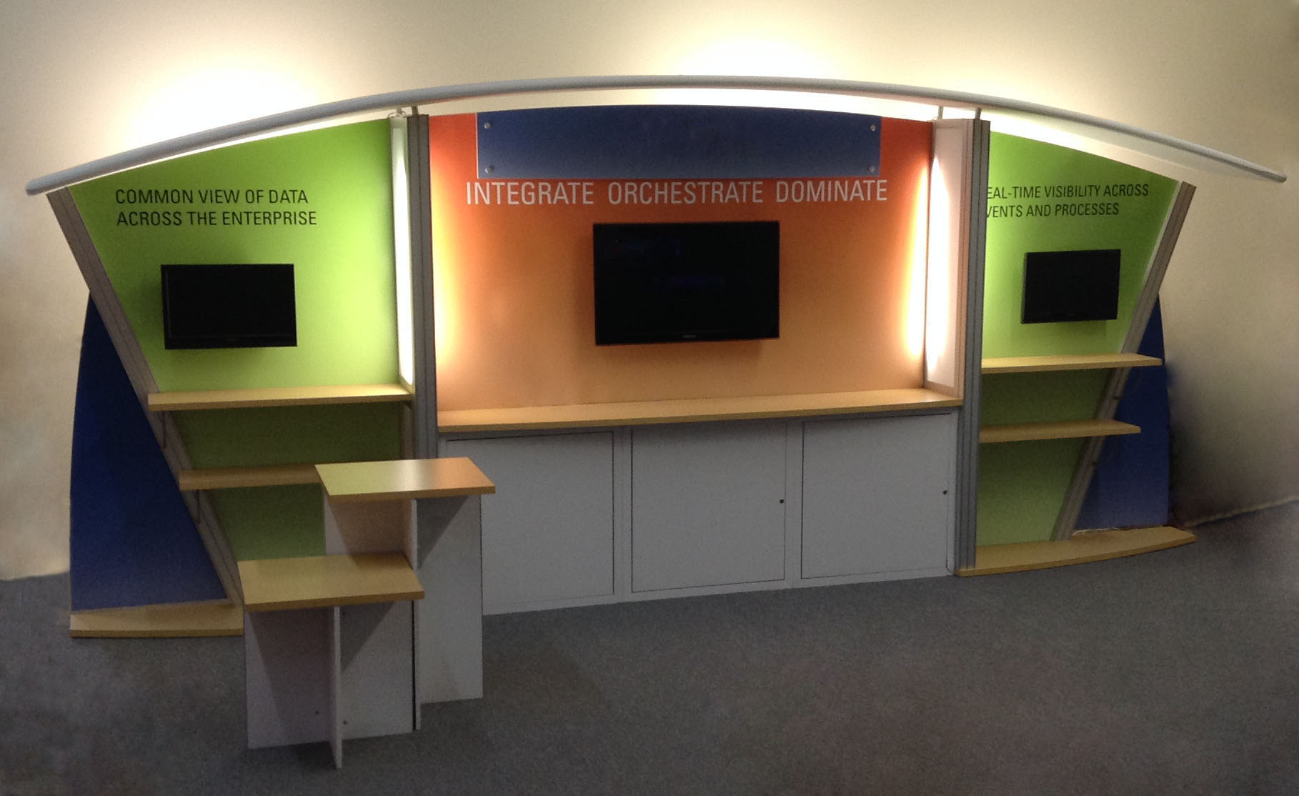 Pre-owned exhibits: 10x20 custom modular exhibit with storage, shelves, monitor mounts and counters