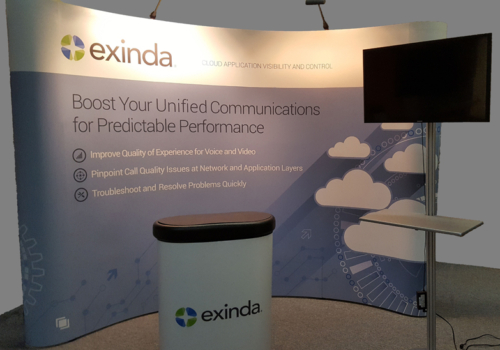 Exinda portable 10' pop-up display with monitor stand, and case that converts to counter with wraparound graphic