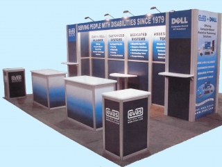 Velocity, 20ft x 20ft custom modular exhibit, blue and silver laminate with aluminum extrusions, includes monitors, locking counters, shelves, halogen lights and flooring. Reconfigurable to a 10ft x 20ft or 10ft x 40ft display. Excellent condition.