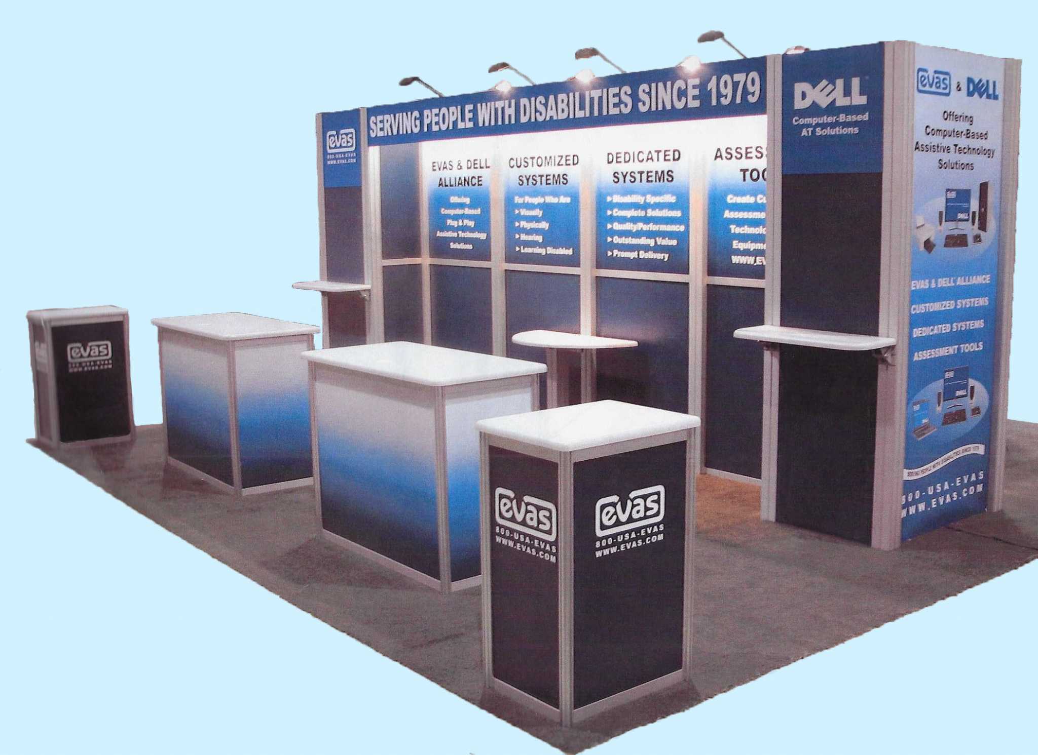 Velocity, 20ft x 20ft custom modular exhibit, blue and silver laminate with aluminum extrusions, includes monitors, locking counters, shelves, halogen lights and flooring. Reconfigurable to a 10ft x 20ft or 10ft x 40ft display. Excellent condition.