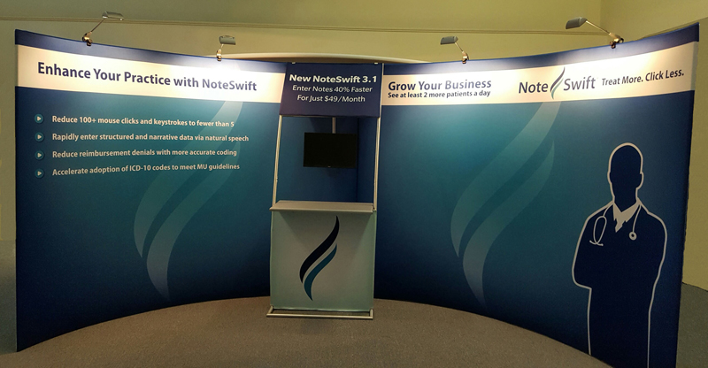 Noteswift’s 10x20 portable display with graphics, lighting, counter with logo and monitor